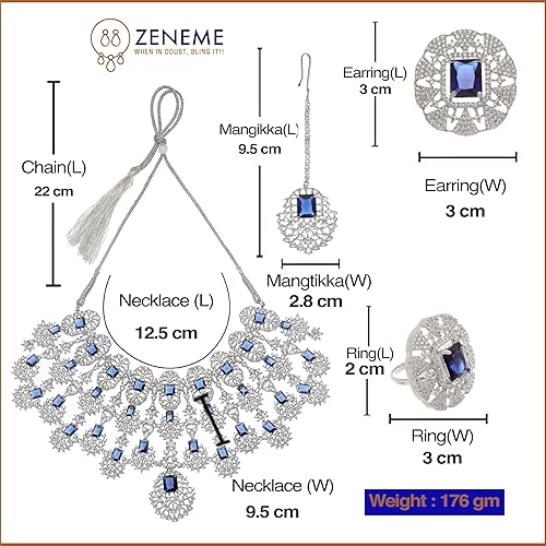 ZENEME Rhodium-Plated American Diamond Studded Tasselled Necklace With Earrings Ring & MaangTikka Jewellery Set For Girls and Women - Image 5