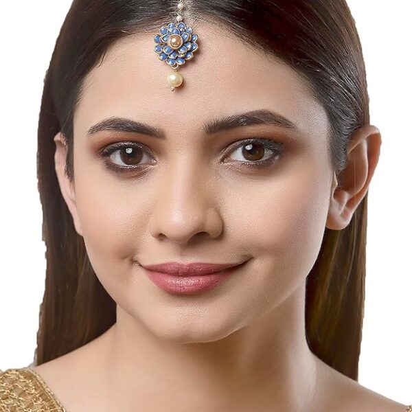 ZENEME Gold-Plated Pink-Green-Orange-Red-Blue AD with Pearls studded Flower Shaped MaangTikka (Combo Of 5) - Image 2
