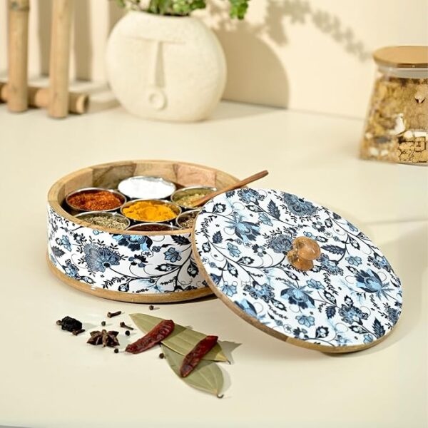 Brick Brown ® Handcrafted Wooden Floral Masala Box for Kitchen | Masala Dabba | Spice Jars | Spice Rack Organizer Storage Box with 7 Containers & 1 wooden spoon(8.25x 3.75 Inch)
