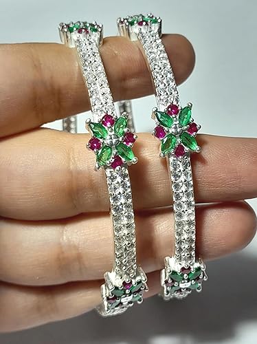 Real Silver AD Diamond Pink and green stone Kada Bangles 2 Pc Bangle set for Women - Image 4