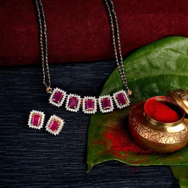 SARAF RS JEWELLERY Mangalsutra For Women With Earring; Red AD Studded Mangal sutra; 18 cm - Image 5