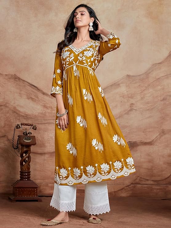 EthnicJunction Women'S Silk Blend Chikankari Embroidered Naira Cut Kurta - Image 5