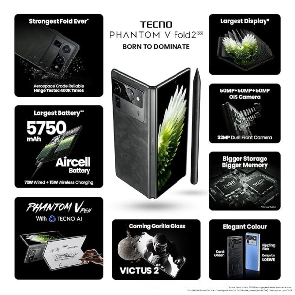 Tecno Phantom V Fold 2 (Karst Green, 12GB+512GB) | Strongest Fold Ever | Largest Battery in Fold Segment-5750mAh | Segment Largest Display | Rear-Triple 50MP Camera with OIS, Wi-Fi | 70W Fast Charger - Image 3