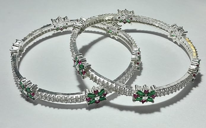 Real Silver AD Diamond Pink and green stone Kada Bangles 2 Pc Bangle set for Women - Image 3