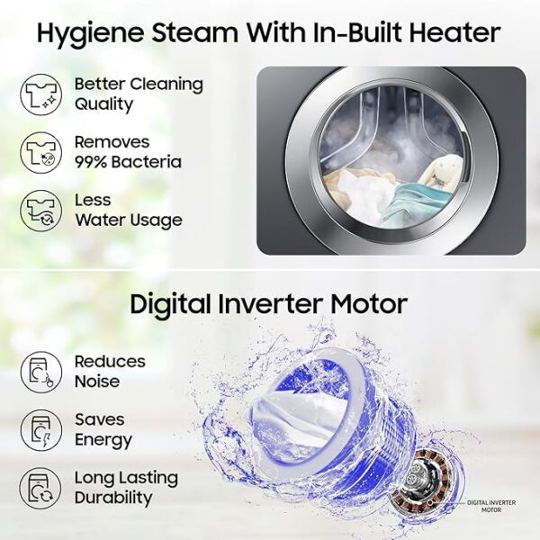 Samsung 7 kg, 5 star, EcoBubble Technology, Hygiene Steam with Inbuilt Heater, Digital Inverter, Fully-Automatic Front Load Washing Machine (WW70R22EK0X/TL, INOX GRAY) - Image 4