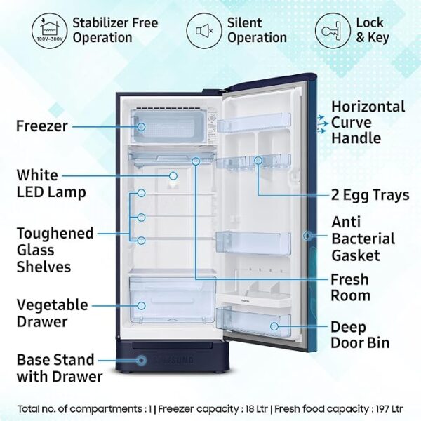 Samsung 215 L, 5 Star, Digital Inverter, Direct-Cool Single Door Refrigerator (RR23D2H359U/HL, Paradise Bloom Blue, Base Stand Drawer) - Image 3