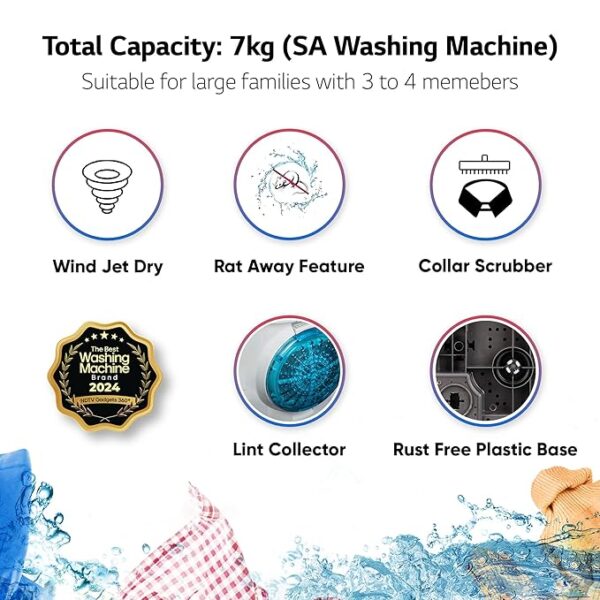 LG 7 Kg 5 Star Wind Jet Dry Semi-Automatic Top Loading Washing Machine (P7020NGAZ, Dark Gray, Rat Away Feature) - Image 2