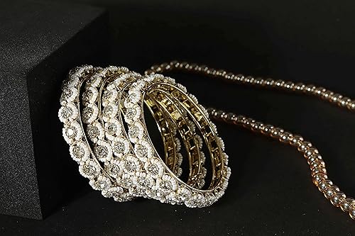 NMII Metal White Moti Bangles with Zircon Diamond Stone For Women & Girls | Designer Pearls Kada | Trendy Girl's Bangles Bracelet | Traditional Kangan For Wedding, Party, Festive, Everyday- Set of 4 - Image 4