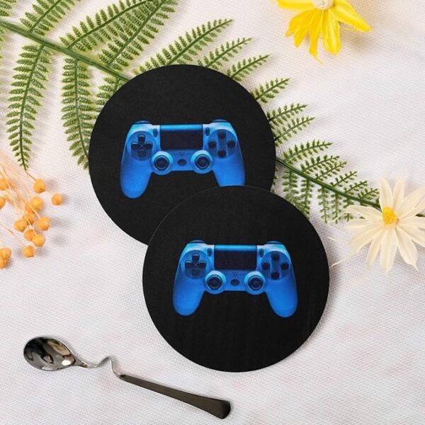 Video Game Joystick Gamepad in Blue Neon Lights Isolated on Black 4 Pcs Tea Wooden Round Coaster Set, Non-Slip Lightweight Wooden Coaster for Party Home Office Kitchen Bar Coffee Table - Image 5