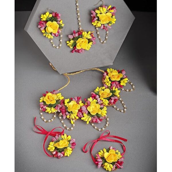 ZENEME Jewellery Flowers Jewellery Set For Haldi Gota Patti Necklace, Earrings, Bracelet & Maang Tika for Women & Girls (Mehandi/Haldi/Wedding/Bridal/Baby Shower) - Image 2