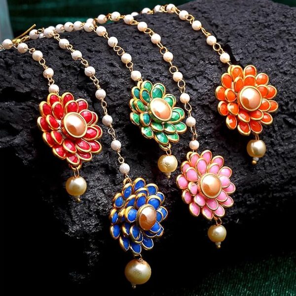 ZENEME Gold-Plated Pink-Green-Orange-Red-Blue AD with Pearls studded Flower Shaped MaangTikka (Combo Of 5) - Image 3