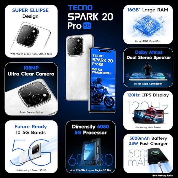 TECNO Spark 20 PRO 5G (Glossy White, 8GB+128GB)| 108MP Ultra Clear Imaging | Super Ellipse Design | MTK D6080 5G Processor | 6.78" 120Hz LTPS LCD Display | 5000mAh Battery with 33W Charger - Image 2