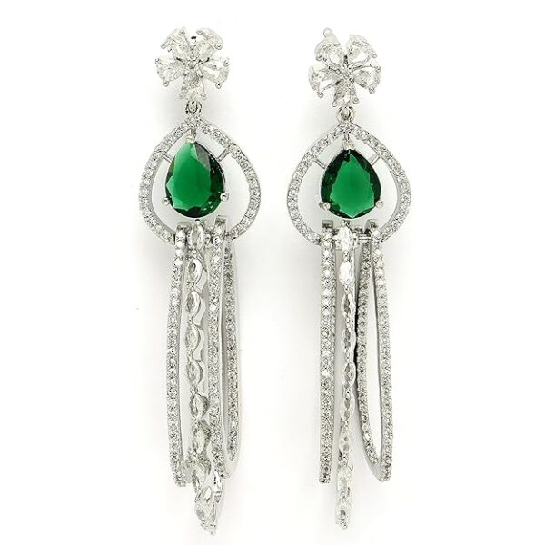 Zeneme Rhodium Plated Silver Toned American Diamond Studded Long Cluster Drop Fashion Latest Jewellery Earrings For Women & Gift For Girls - Image 2
