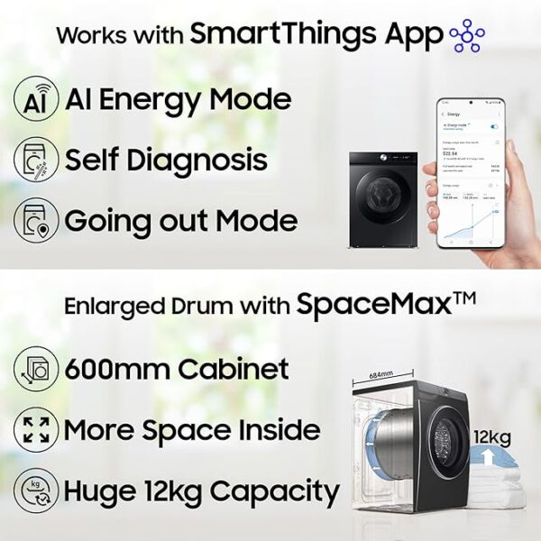 Samsung 12 kg, 5star, AI Ecobubble, Super Speed, Wi-Fi, Hygiene Steam with Inbuilt Heater, Digital Inverter, Fully-Automatic Front Load Washing Machine (WW12DG5B24AXTL, Inox) - Image 5