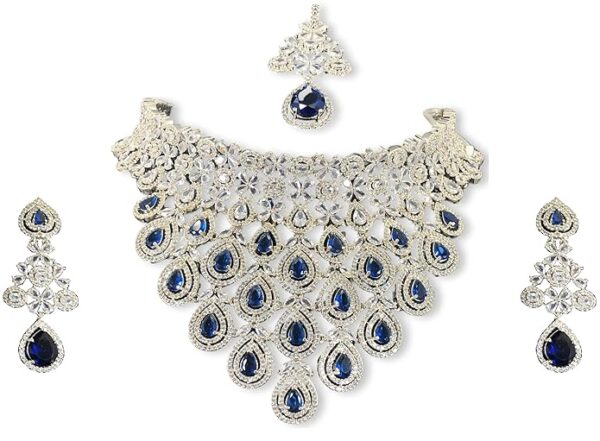 KamllaJw Jewelry Set Full Neck - AD/American Diamond Dropplet Shaped Studded Necklace, Earrings, Maang tikka Set, Rhodium Plated, Imitation, White & Blue, for Women & Girl