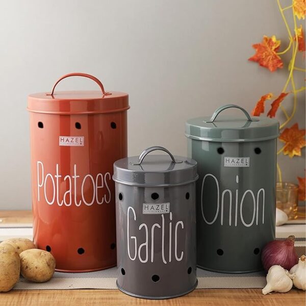 HAZEL Galvanized Metal Onion, Potato, Garlic Storage Container Set for Kitchen|Food Grade Storage with Lid, Set of 3 for Organizing Your Kitchen and Festive Cooking Essentials, Multicolor