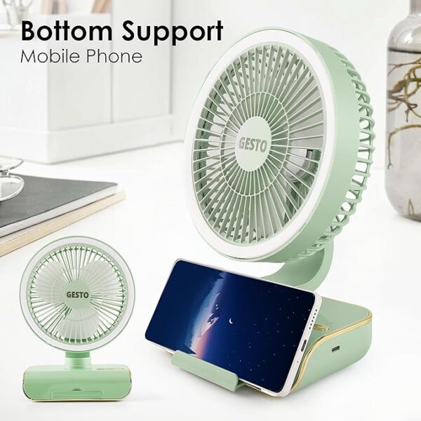 Gesto 8-Inch Rechargeable Table Fan With Remote & Oscillation – 4000mAh Battery, Mobile Stand,LED Light | 5-Speed USB Charging Portable Fan for Desk,Home, Office, Kitchen | High-Speed Cooling -Green - Image 3