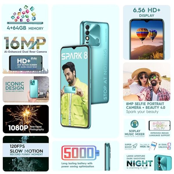 TECNO Spark 8 (Turquoise Cyan, 4GB RAM,64GB Storage) | 16MP Dual AI Camera | 8MP Selfie Camera with Dual Flashlight - Image 2
