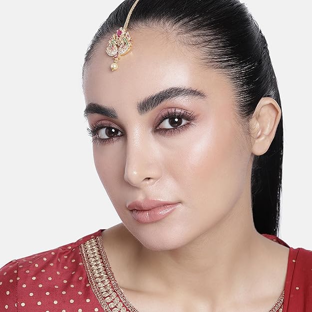 Estele CZ Entwined Peacock Designer Maang Tikka with Pearls for Girls & Women's - Image 3