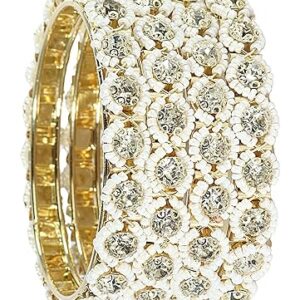 NMII Metal White Moti Bangles with Zircon Diamond Stone For Women & Girls | Designer Pearls Kada | Trendy Girl's Bangles Bracelet | Traditional Kangan For Wedding, Party, Festive, Everyday- Set of 4