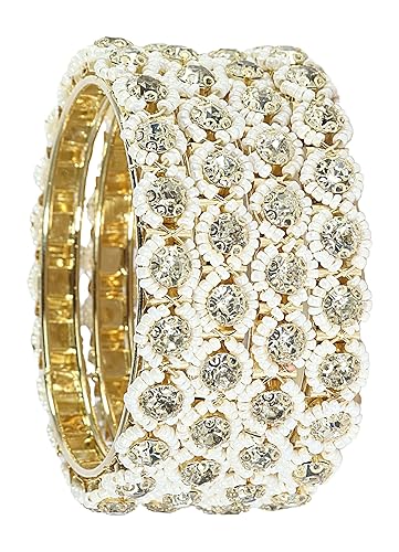 NMII Metal White Moti Bangles with Zircon Diamond Stone For Women & Girls | Designer Pearls Kada | Trendy Girl's Bangles Bracelet | Traditional Kangan For Wedding, Party, Festive, Everyday- Set of 4