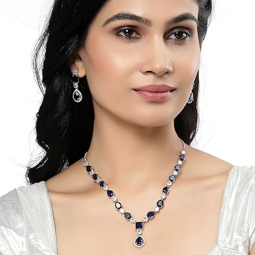 ZENEME Rhodium-Plated American Diamond Studded Fashionable Necklace With Earrings Jewellery Set For Girls and Women - Image 3