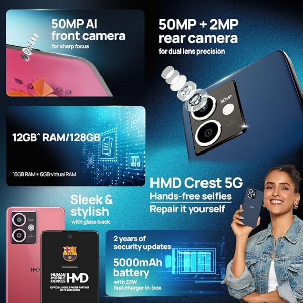 HMD Crest 5G | Segment First 50 MP Selfie Camera | 50 MP Dual Rear AI Camera | FHD+ OLED Display | 6 GB RAM & 128 GB Storage | Android 14 | 33W Fast Charger in Box | Midnight Blue - Image 5