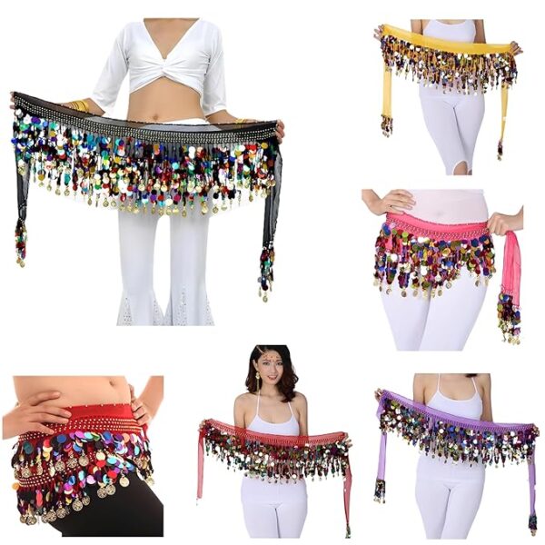 FASHIONSLIQUE® Premium Belly Dance Belt/Hip Scarf with Multicolor Coins and Sequins, Women's Chiffon Hip Scarf Waistband Belt Perfect for dance Festival Performances ! - Image 6