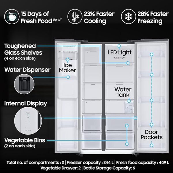 Samsung 633 L, 3 Star, Frost Free, Double Door, Convertible 5-in-1 Digital Inverter, Side By Side Refrigerator with AI, WiFi & Water & Ice Dispenser (RS78CG8543S9HL, Silver, Refined Inox) - Image 3