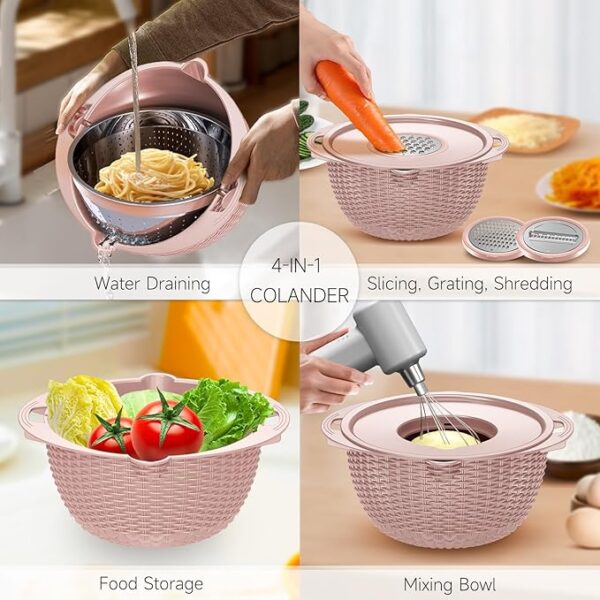 4-1 Colander with Bowl Set - Food Strainer with Graters & Spoons - Colanders for kitchen - Strainers and Colanders - Strainer Bowl Fruit Cleaner with Colander Pasta Rice Strainer for Veggie Wash Pink - Image 2