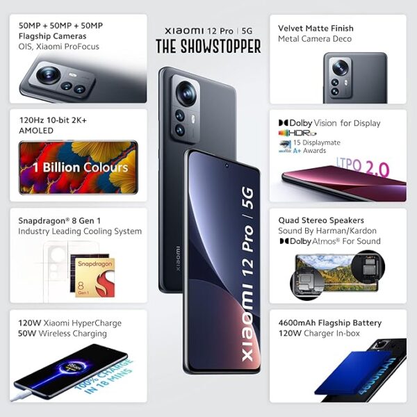 Xiaomi 12 Pro | 5G (Noir Black, 12GB RAM, 256GB Storage) | Snapdragon 8 Gen 1 | 50+50+50MP Flagship Cameras (OIS) | 10bit 2K+ Curved AMOLED Display | Sound by Harman Kardon - Image 2