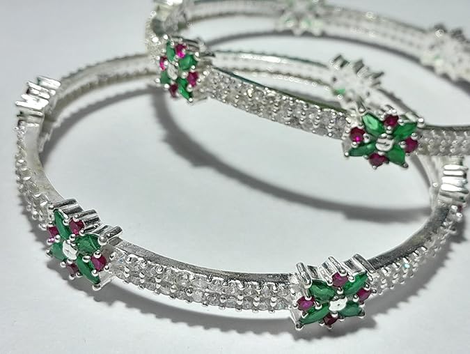 Real Silver AD Diamond Pink and green stone Kada Bangles 2 Pc Bangle set for Women - Image 2
