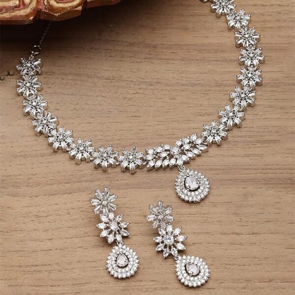 ZENEME Rhodium-Plated with Silver-Toned Floral Design White American Diamond Studded Jewellery Set - Image 2