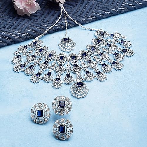ZENEME Rhodium-Plated American Diamond Studded Tasselled Necklace With Earrings Ring & MaangTikka Jewellery Set For Girls and Women - Image 2