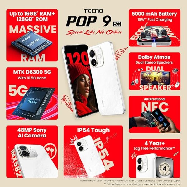 Tecno POP 9 5G Aurora Cloud, 4GB+128GB| Segment's 1st 48MP Sony AI Camera| Segment's 1st 5G with NFC | D6300 5G Processor | 4+ Year Lag Free Fluency |5000 mAh Battery |Dual Speaker |Without Charger - Image 2
