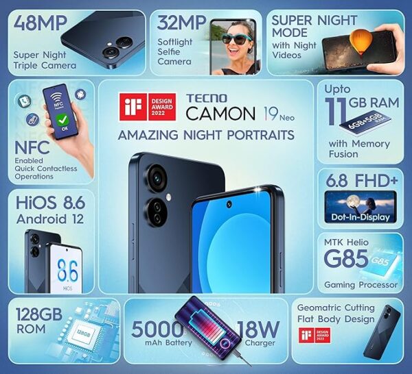 TECNO Camon 19 Neo (Eco Black, 6GB RAM, 128GB Storage)|48MP Super Night Rear Camera|32MP Selfie Camera|Upto 11GB Expandable RAM|6.8" FHD+LTPS Display|Helio G85 Processor - Image 2