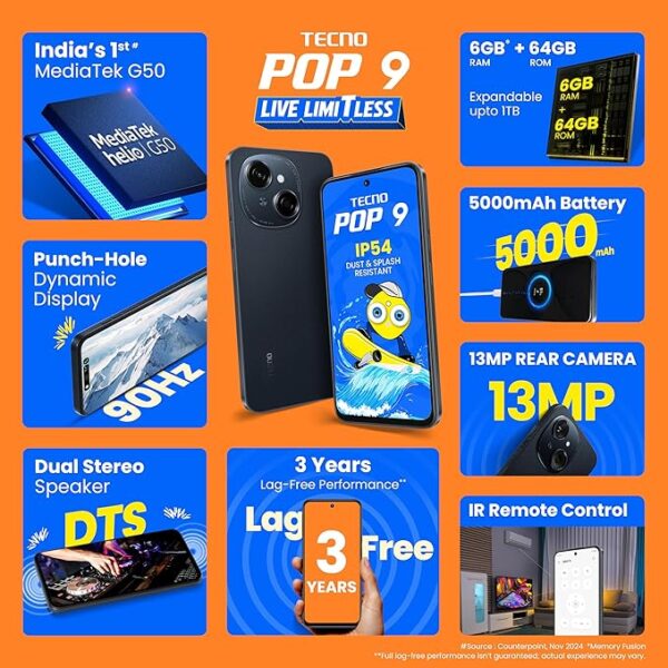 Tecno POP 9 (Startrail Black, 3GB+64GB) |India's 1st Mediatek G50 | IP54 Rated | IR Remote | Dual Speaker with DTS | 36 Month Lag Free Fluency | 15W Fast Charging Support | 5000 mAh Battery - Image 2