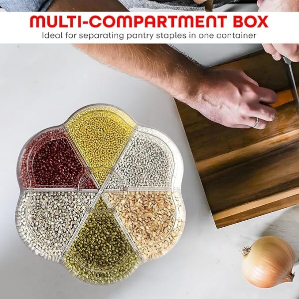 PRIME PICK Grocery Organiser 360° Rotating with 6 Grid Dispenser Measuring Cylinder with Lid Moisture Resistant, Cereal Holder Dispenser Sealed Storage for Kitchen Small Grains Beans Rice etc - Image 2