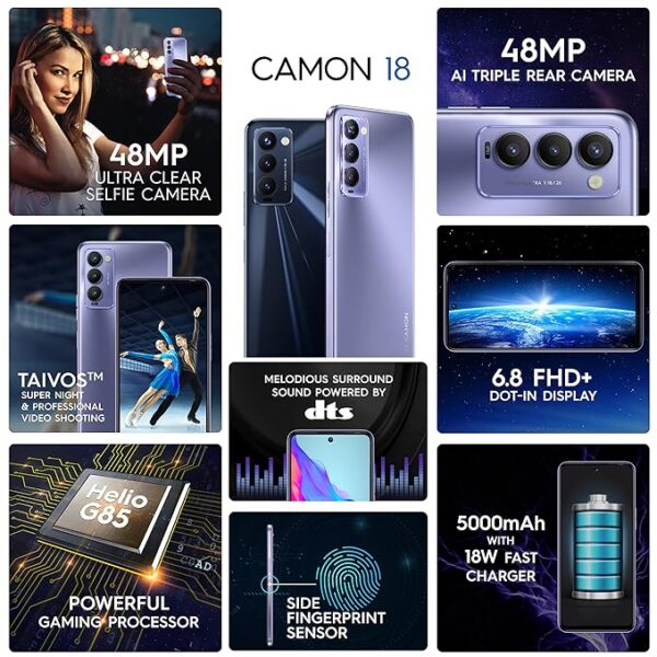 Tecno Camon 18 (Iris Purple, 4GB RAM, 128GB ROM) | 48MP Selfie Camera | 48MP Triple Rear Camera | 6.8" FHD+ | Helio G85 - Image 2