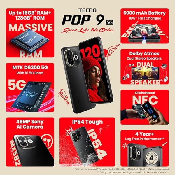 Tecno POP 9 5G Midnight Shadow, 4GB+64GB| Segment's 1st 48MP Sony AI Camera| Segment's 1st 5G with NFC | D6300 5G Processor |4+ Year Lag Free Fluency |5000 mAh Battery |Dual Speaker |Without Charger - Image 2