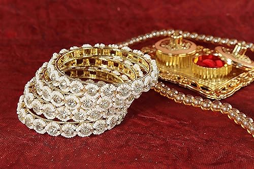 NMII Metal White Moti Bangles with Zircon Diamond Stone For Women & Girls | Designer Pearls Kada | Trendy Girl's Bangles Bracelet | Traditional Kangan For Wedding, Party, Festive, Everyday- Set of 4 - Image 5