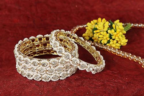 NMII Metal White Moti Bangles with Zircon Diamond Stone For Women & Girls | Designer Pearls Kada | Trendy Girl's Bangles Bracelet | Traditional Kangan For Wedding, Party, Festive, Everyday- Set of 4 - Image 3