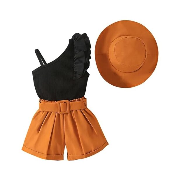 Bold N Elegant Cotton Blend Girl's Uptown One Shoulder Top And Shorts With Belt And Hat Trendy 4 Piece Coords Set For 3 To 7 Year Girl's Party Dress Outfit