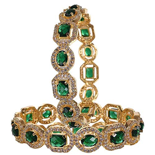 RATNAVALI JEWELS American Diamond Studded Golden Plated Traditional Emerald Green CZ/Diamond Bangles for Women/Girls RV1938G
