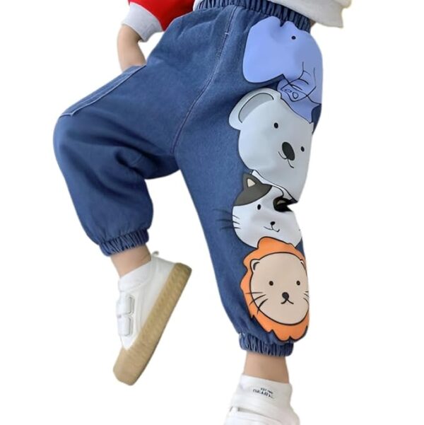 Googa GaagaToddler Boys' Blue Denim Joggers with Cute Cartoon Prints | Soft Elastic Waist Kids Jeans Pants for | Casual Trousers Stylish Playtime Outfits for Boys