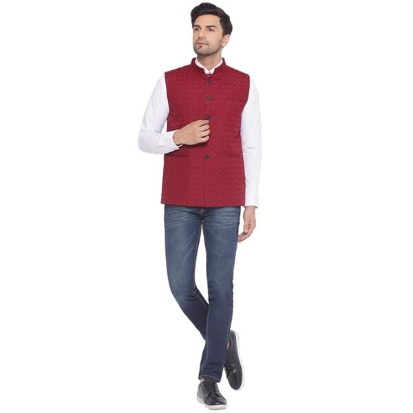 Veera Paridhaan Rayon Sequence Nehru Jacket for Men (Maroon) - Image 3