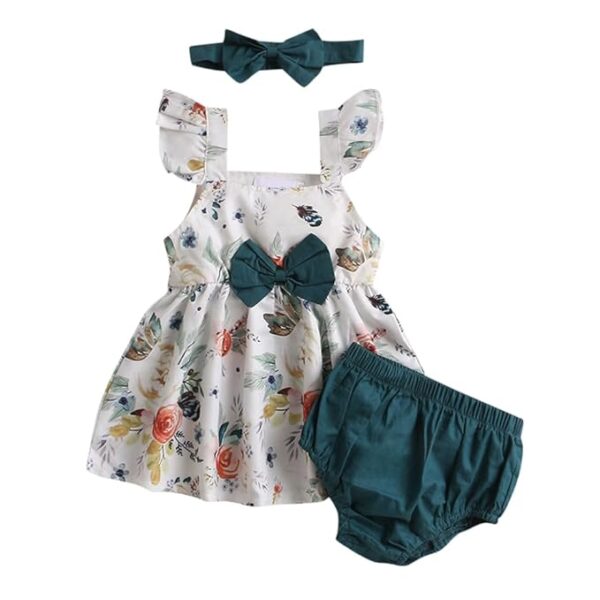 Hopscotch Girl's Baby Cotton Sleeveless Floral Printed Knee-Length Overall Set In Green Color