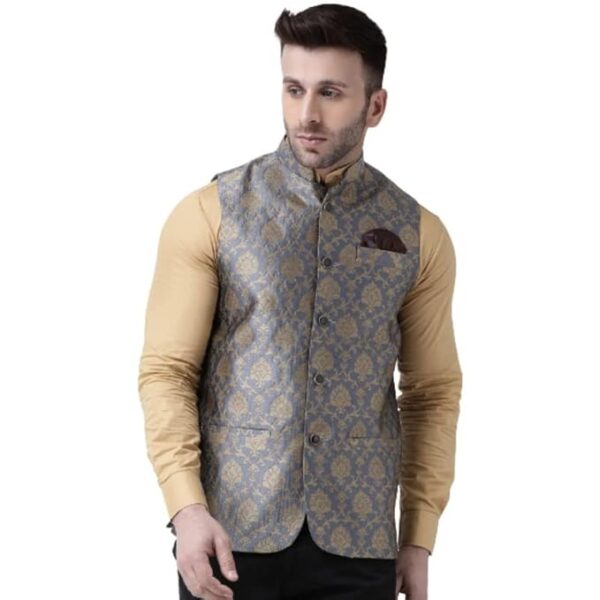 hangup Men's Printed Cotton Nehru Jacket/waist coat, color Grey. Size 38 (134AJacquardNehru)