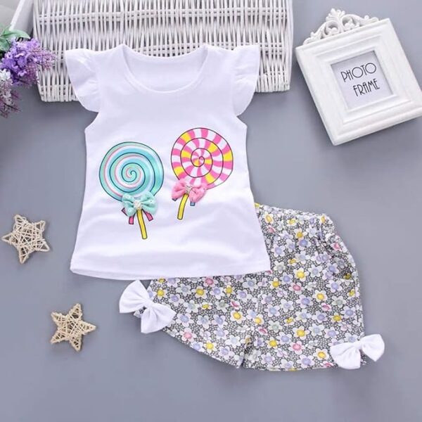 Bold N Elegant Cotton Summer Cute Lollipop Candy Printed Baby Girl's Ruffle Top Tshirt Vest With Shorts Set For Infant Toddler Kids - Image 3