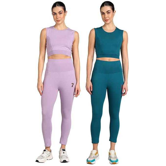 PAAVKI Stretchable Activewear Sleeveless Crop Top with Long Pants with Back Pocket for Workout Top & Bottom Set Gym Yoga Sports Running Track Suits For Girls/Women - Pack of 2